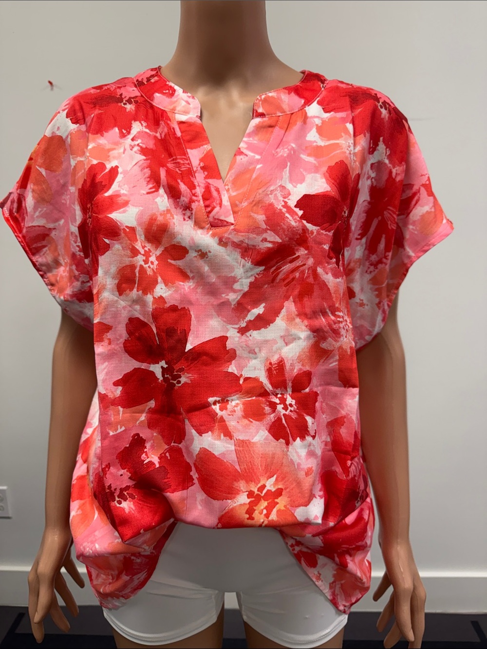 SHEIN Red Pink Floral Split V-Neck Blouse